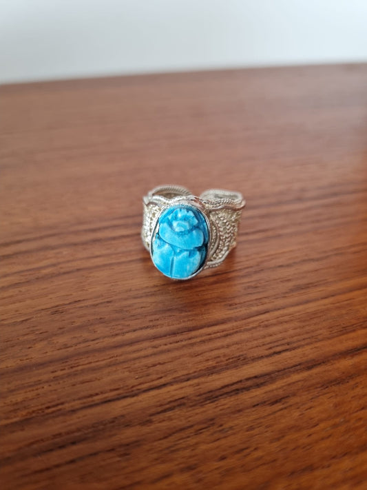 Antique Vintage Egyptian revival 1960's scarab blue filigree ring, Scarab Beetle set in sterling silver. Large, Adjustable