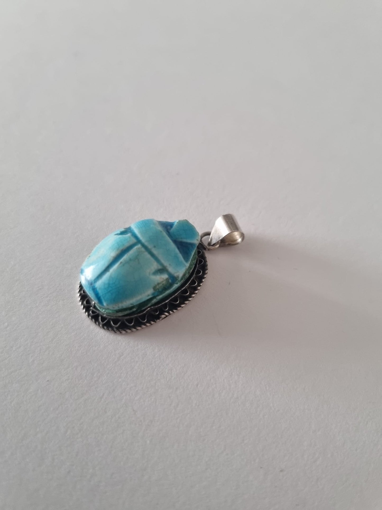 Antique Vintage Rare antique ancient Egyptian carved scarab pendant in sterling silver. Inscribed back, filigree pattern