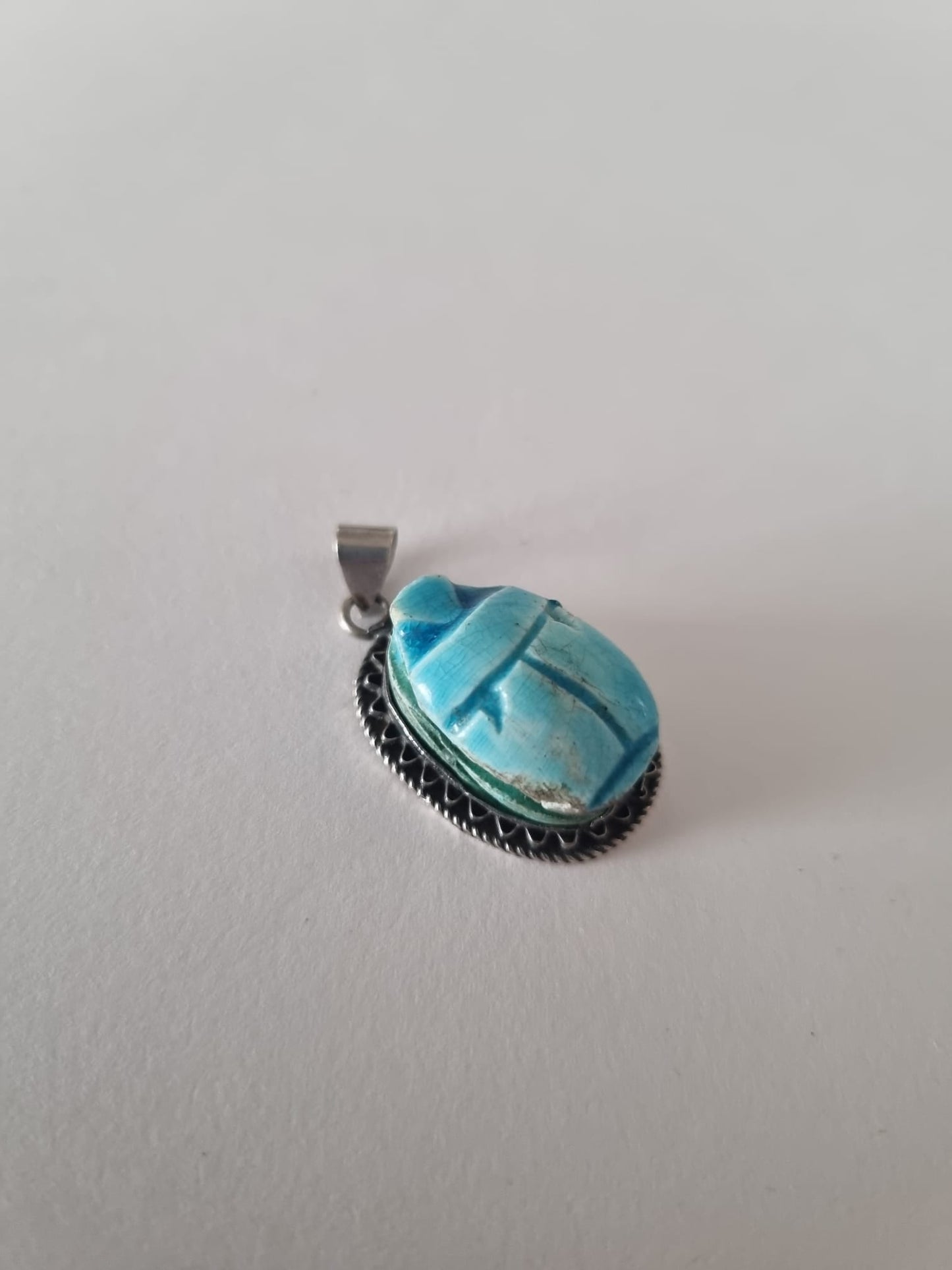 Antique Vintage Rare antique ancient Egyptian carved scarab pendant in sterling silver. Inscribed back, filigree pattern