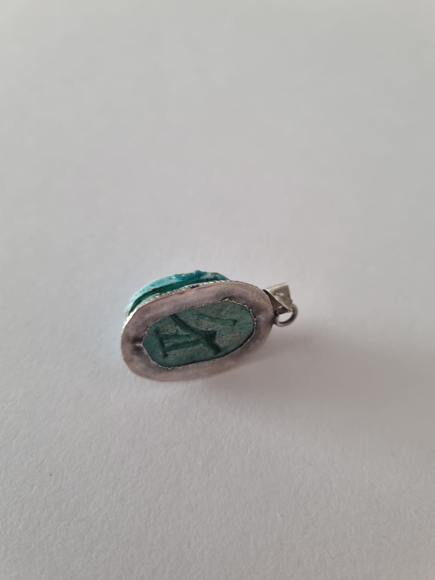 Antique Vintage Rare antique ancient Egyptian carved scarab pendant in sterling silver. Inscribed back, filigree pattern