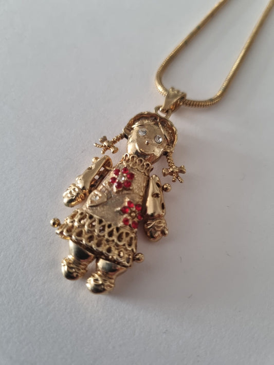 Antique Vintage Preowned 9CT yellow gold Cubic Zirconia ragdoll pendant necklace with original chain