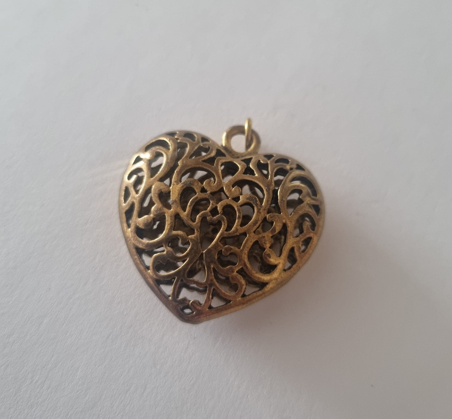 Antique Vintage 3D Chunky Filigree Heart Pendant. Hollow Love Brass Necklace.