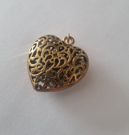 Antique Vintage 3D Chunky Filigree Heart Pendant. Hollow Love Brass Necklace.