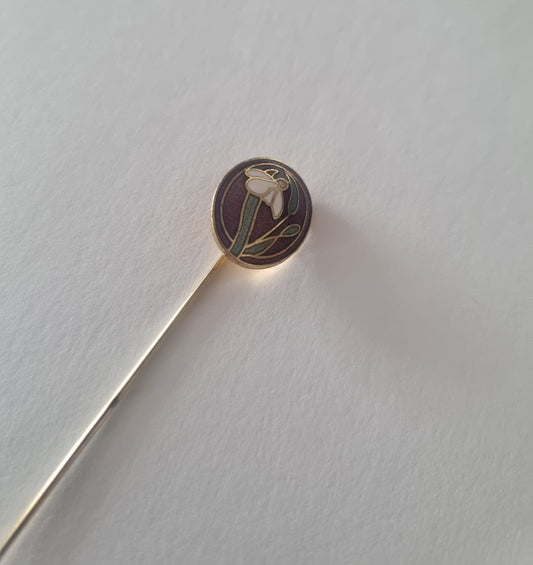 Antique Vintage 1970s Cloisonne Stick Pin Black and Floral Floral Enamel Lapel Pin