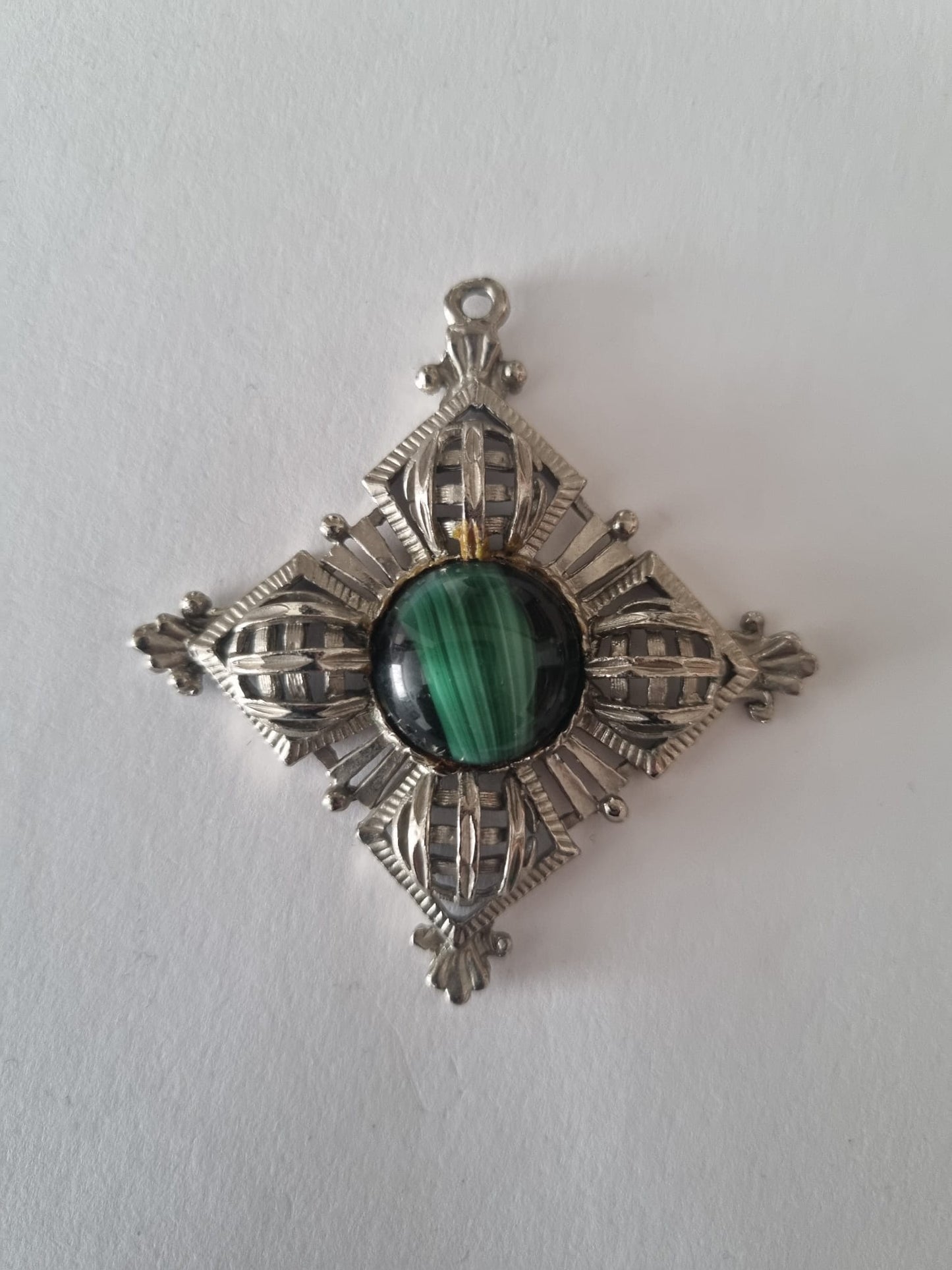 Antique Vintage Malacite and Sterling Silver Large Green Gemstone Celtic Cross Pendant Charm