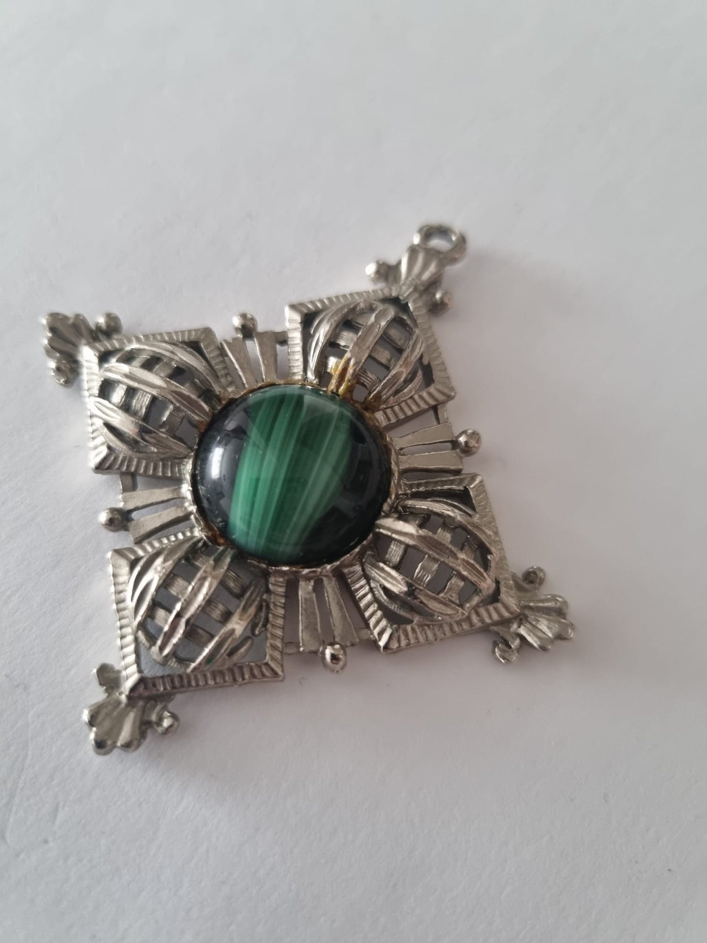 Antique Vintage Malacite and Sterling Silver Large Green Gemstone Celtic Cross Pendant Charm