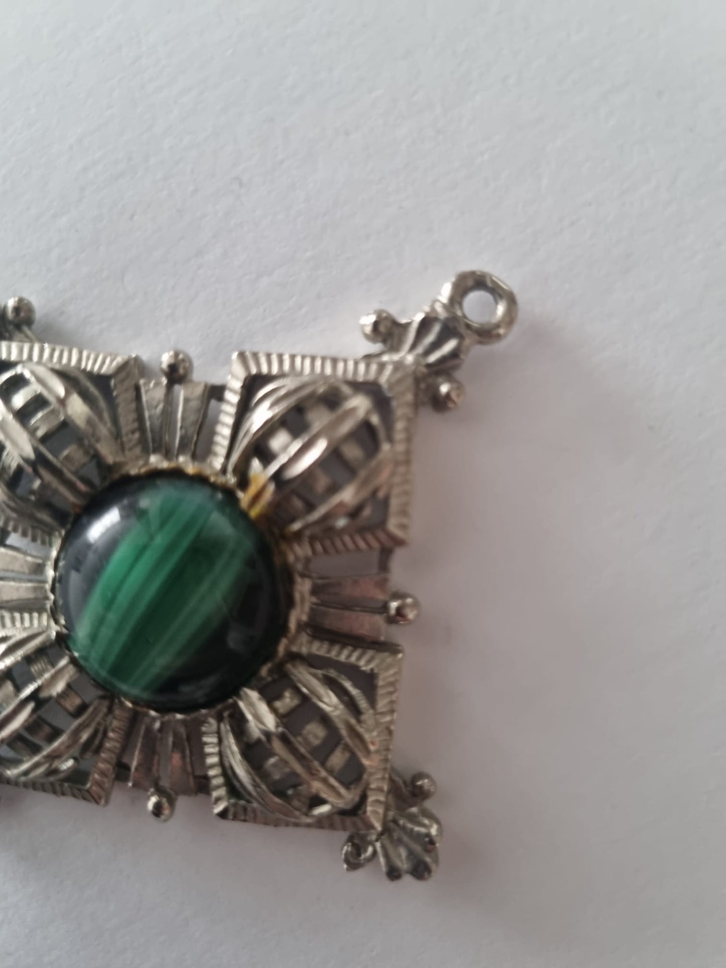 Antique Vintage Malacite and Sterling Silver Large Green Gemstone Celtic Cross Pendant Charm