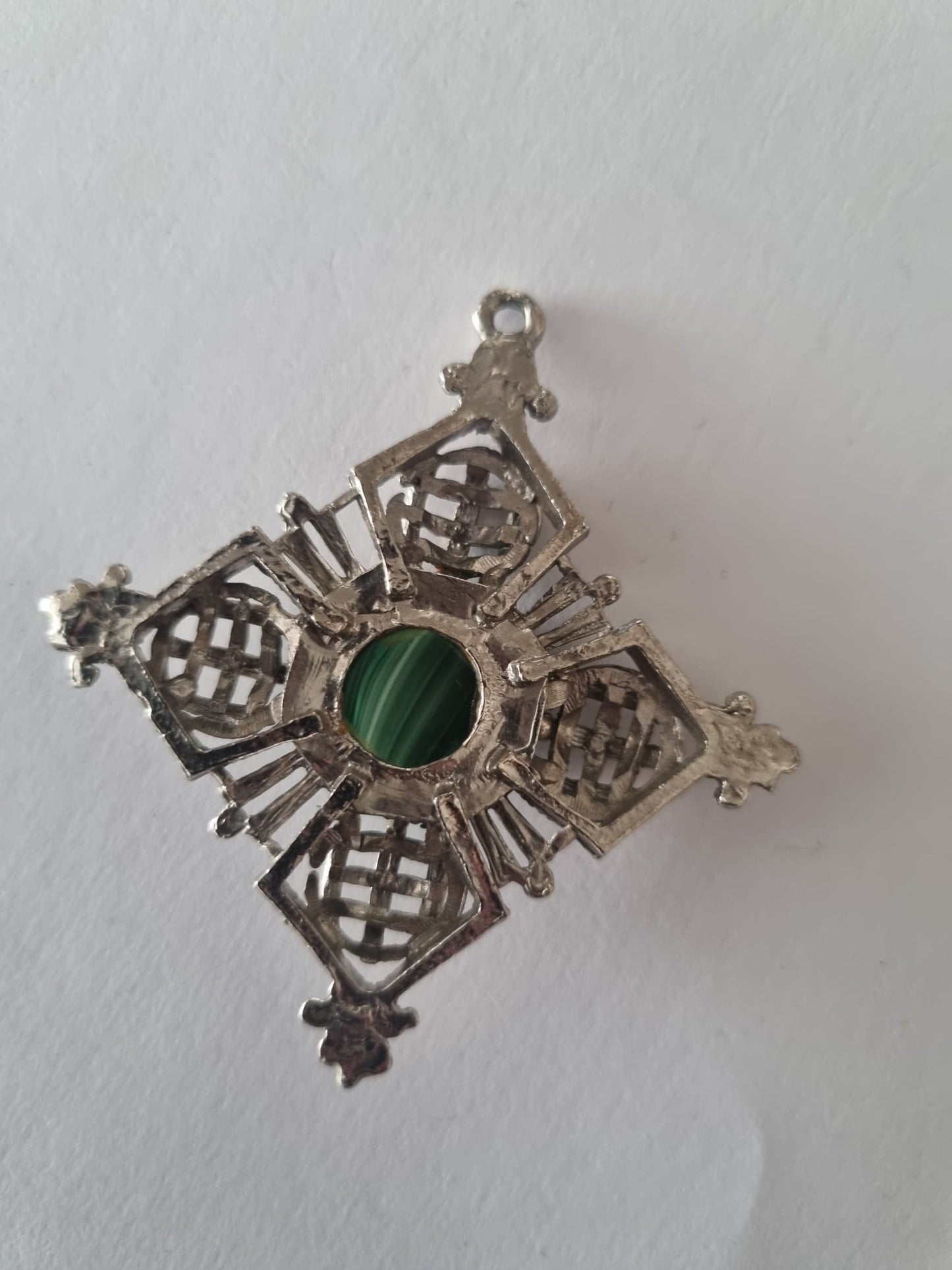 Antique Vintage Malacite and Sterling Silver Large Green Gemstone Celtic Cross Pendant Charm