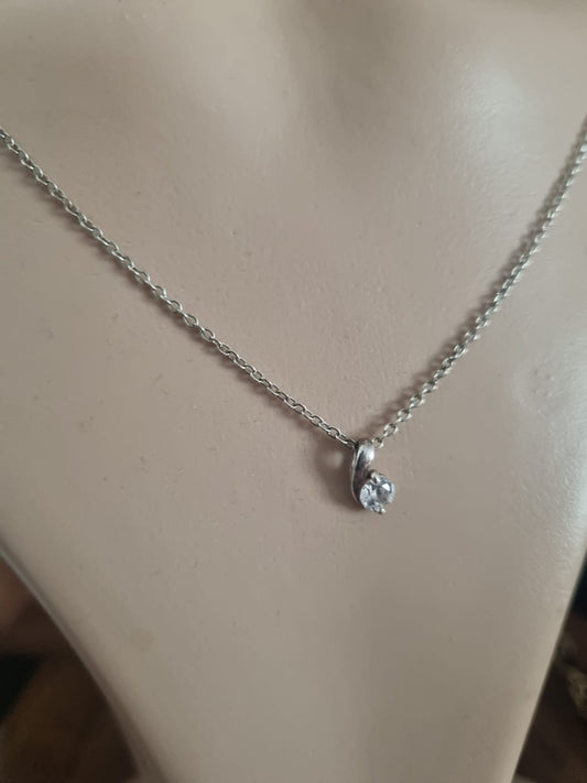 Vintage Necklace 925 Sterling Silver Swirl Cubic Zirconia Drop Pendant and Chain