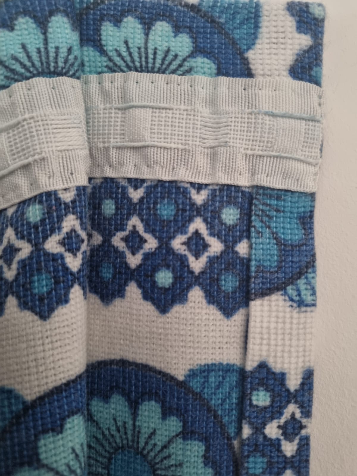 Vintage Handmade Blue and White Single Curtain Geometric Tile Pattern Square