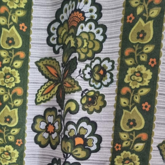 Vintage Green & Orange Handmade Floral Stripe Curtain Pair