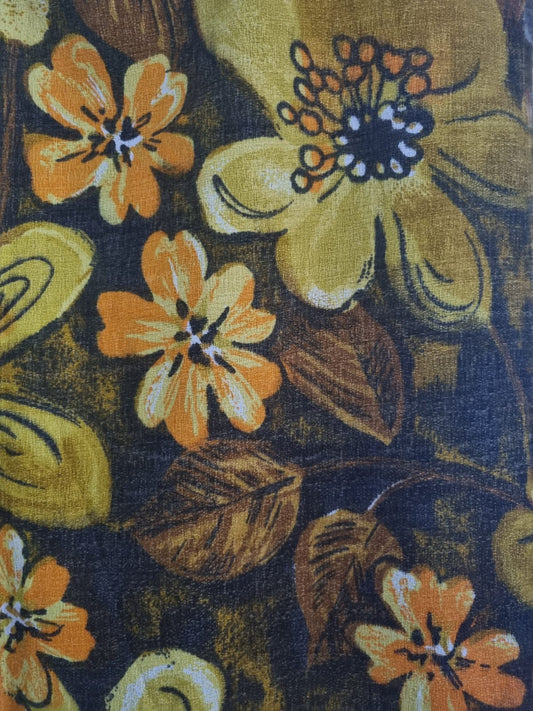 Vintage Handmade Brown Leaf Orange and Yellow Green Flower Pattern Curtains. Net Wire Slotted Header