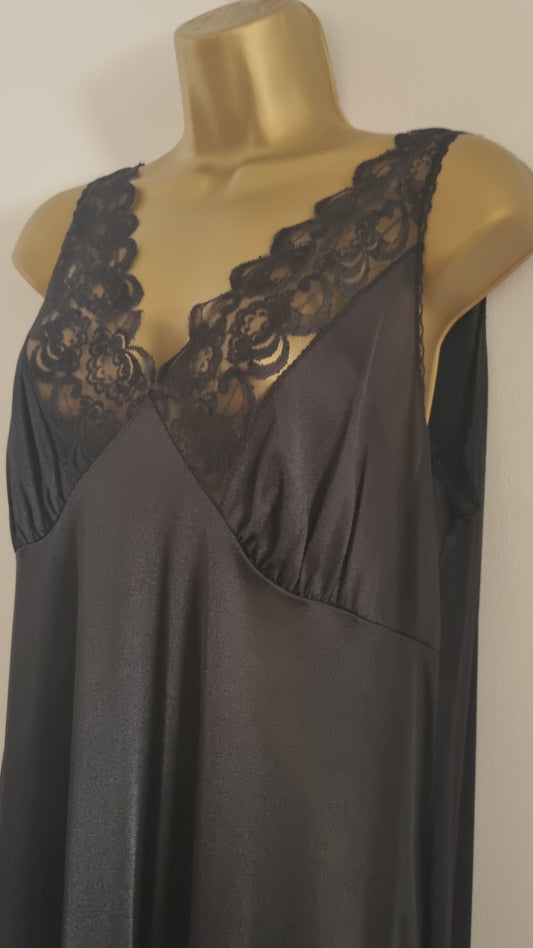 Vintage Midi Plunge Neck Lace Bust Black Slip Dress Elegance