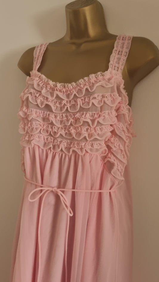 Vintage 50s Pink Ruffled Kayser Slip Dress with Tie Waist