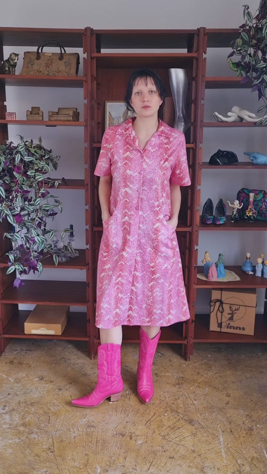 Vintage Pink Abstract Pattern Midi Shirt Dress Made in the UK