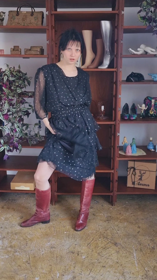 Vintage C&A Black and Silver Ruffle Sheer Evening Dress