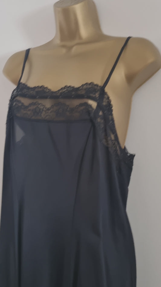 Vintage Black Mid Length Pleated and Lace 1920s Slip Dress