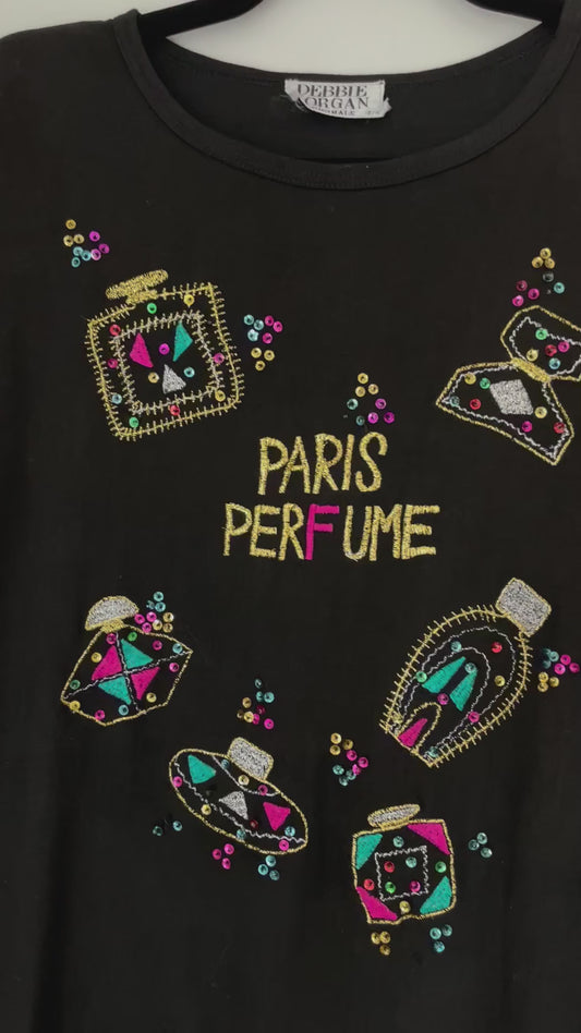 Medium Vintage Debbie Morgan Originals Black Paris Perfume Embroidered Beaded Sequin 90s T-Shirt