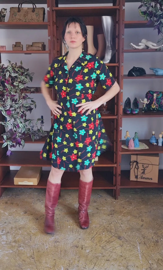 Vintage Black, Yellow and Red Floral Daffodil Summer Dress