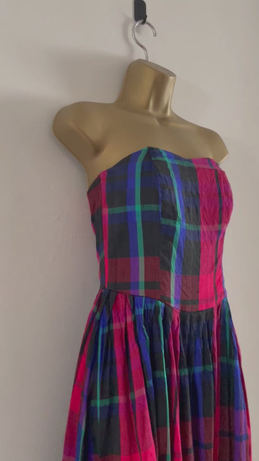 Vintage Monsoon checked brightly coloured sleeveless bandeau midi dress