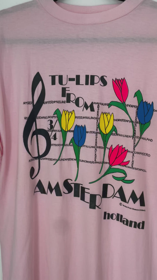 XL Vintage Pastel Pink Amsterdam Tulips Souvenir T-Shirt. Nortex, 100% Baumwolle. Unisex