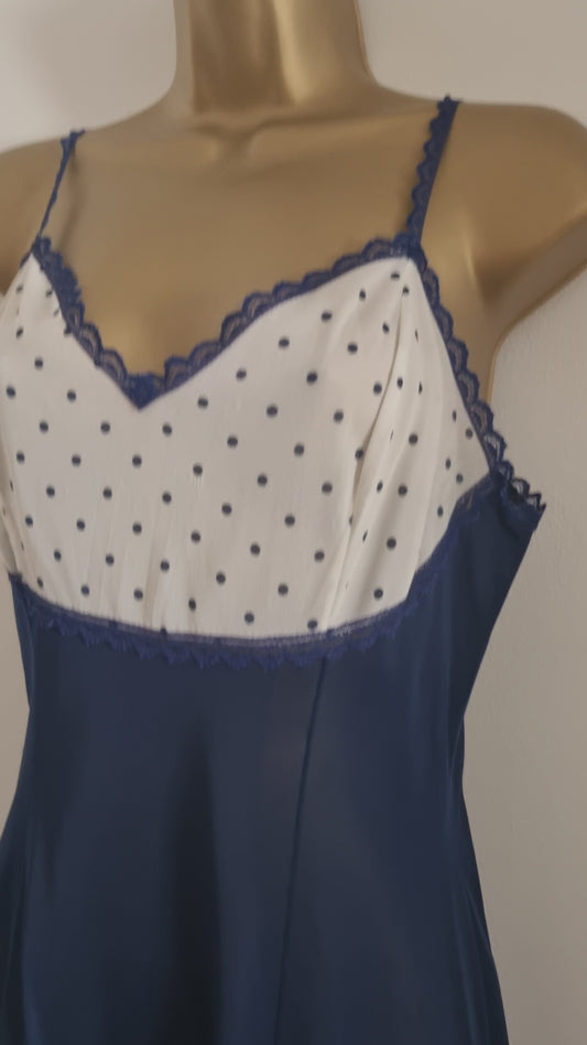 Vintage Navy Polka Dot Short Lace Slip Dress for Elegant Occasions