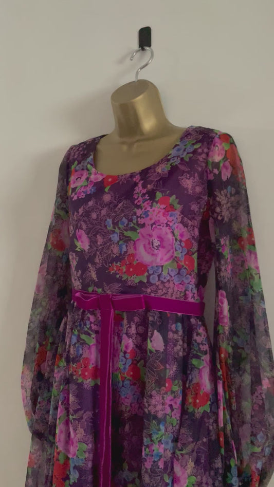 Vintage English Lady Purple floral dress sheer balloon sleeves, velvet ribbon detail