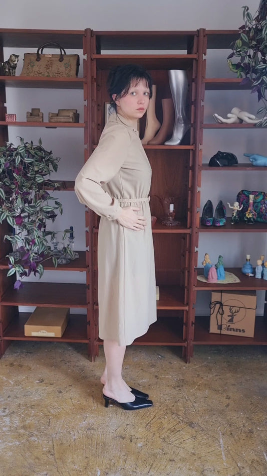 Vintage Richard Shops Beige Belted Long Sleeve Shirt Dress