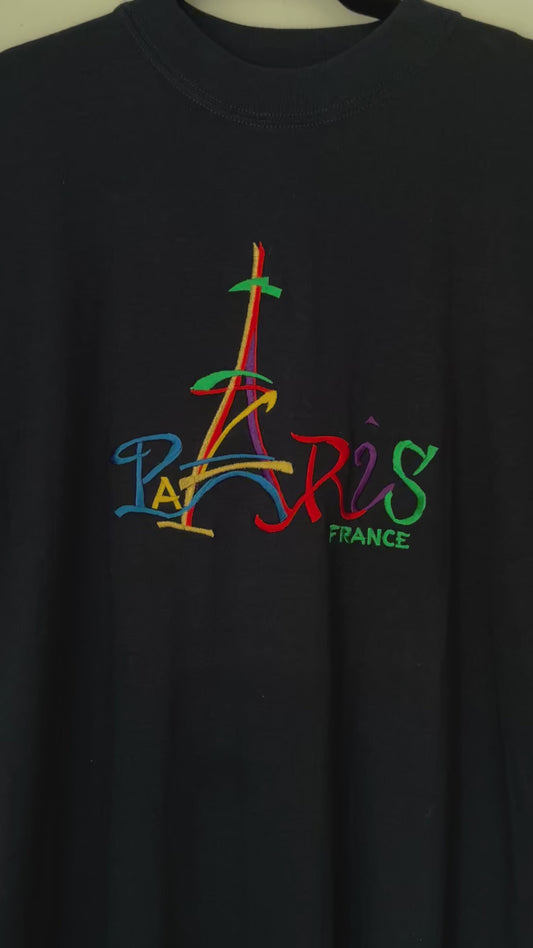 Large Vintage Blue Paris France 100% Cotton Embroidered Eiffel Tower Souvenir T-Shirt. Unisex