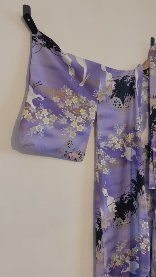 Vintage Purple Lilac Kimono with Stork Cherry Blossom Design. Made in Japan