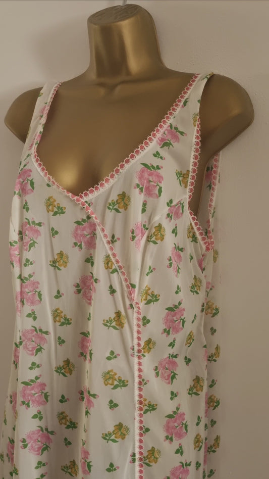 Vintage White, Pink and Yellow Floral Crossover Slip Dress