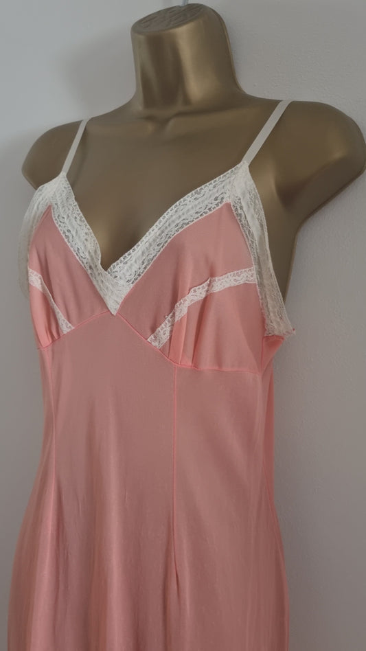 Vintage Pink and White Contrast Pleated Lace Midi Slip Dress