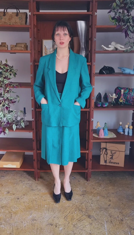 Vintage Blue Turquoise Two Piece Debenhams Classics Pleated Skirt Suit