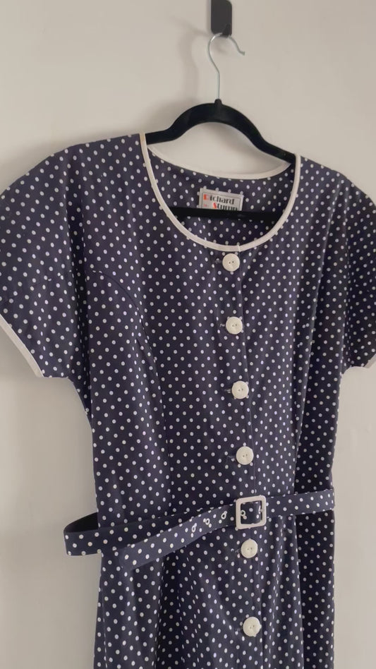 Vintage Richard Stump Navy Blue and White Polka Dot Button Up Short Sleeve Dress