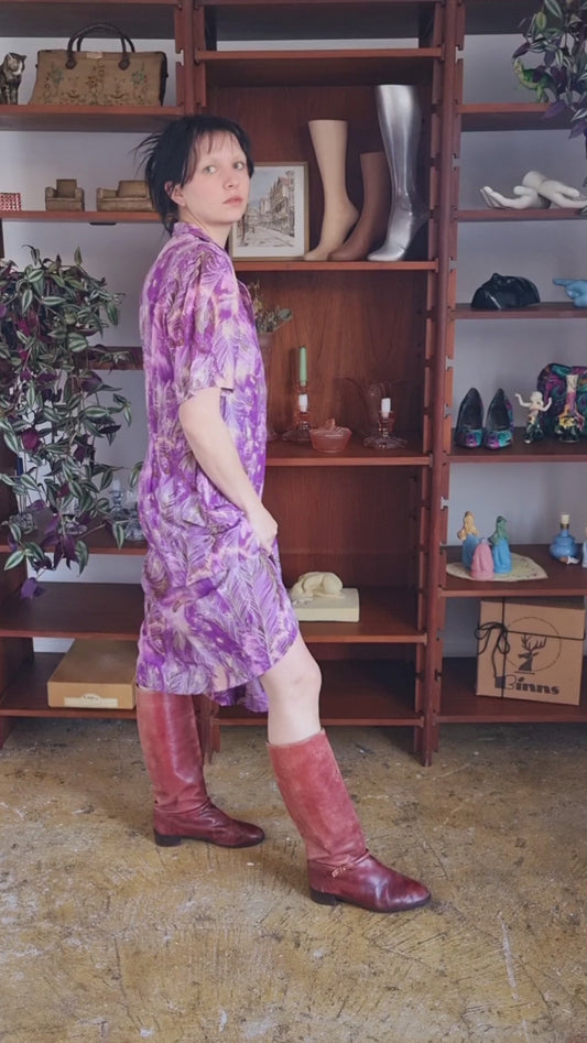 Vintage Purple Feather Patterned Handmade Midi Dress