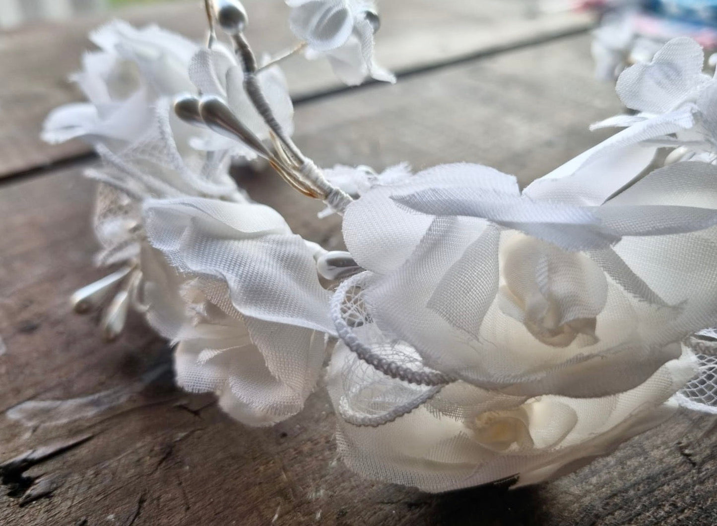 Vintage Bridal Wedding White Tiara with Floral and Pearlised Wire Detailing.