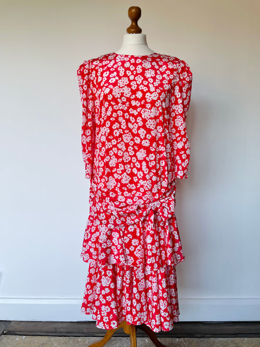 Vintage La Regina London Red and White Floral Ruffle Bow Long Sleeve Summer Dress. Made in England.