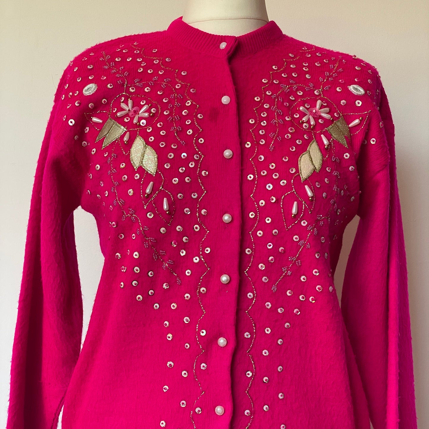 Vintage Hot Pink Naval Mod Fashion Beaded Cardigan Size 38