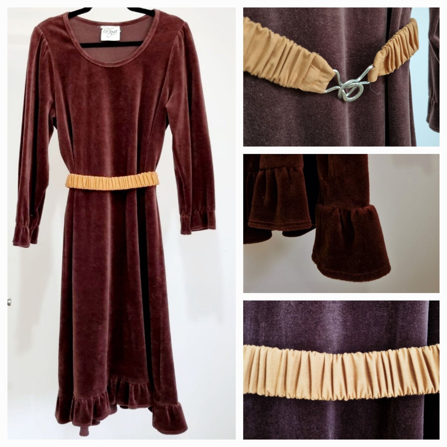 Cygnet Vintage Brown Round Neck Ruffle Velvet Mid-size Dress (UK14-16)