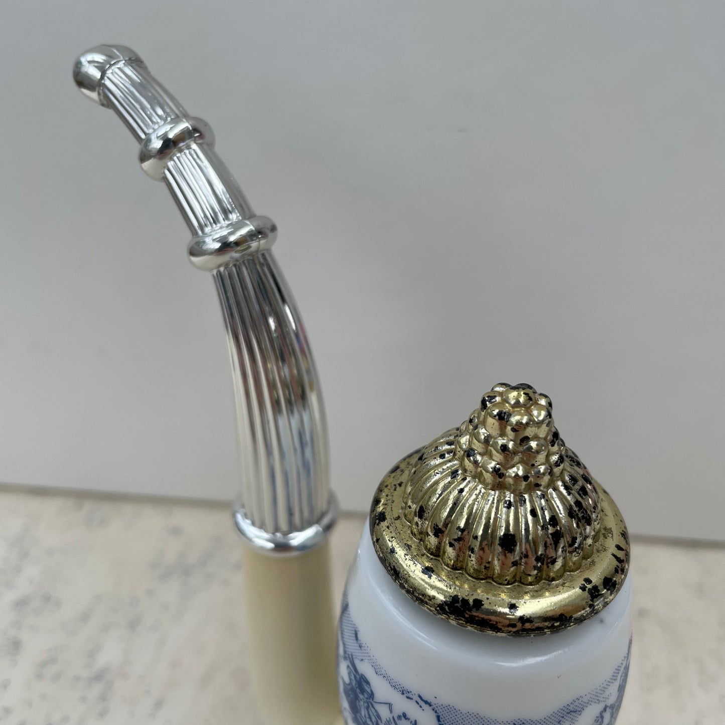 Vintage Avon 1970s Dutch Pipe Tai Winds Aftershave Lotion 60ml Bottle. Milk Glass. Blue and White.