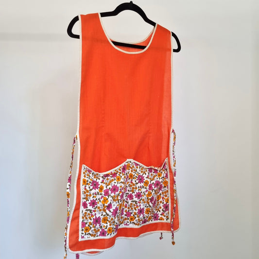 Vintage Orange Tabard Floral Patterned Pocket Apron