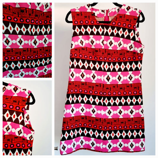 Vintage 60s Vintage Mid-size Pink, Black and Red Geometric Shift Dress (UK14-16)