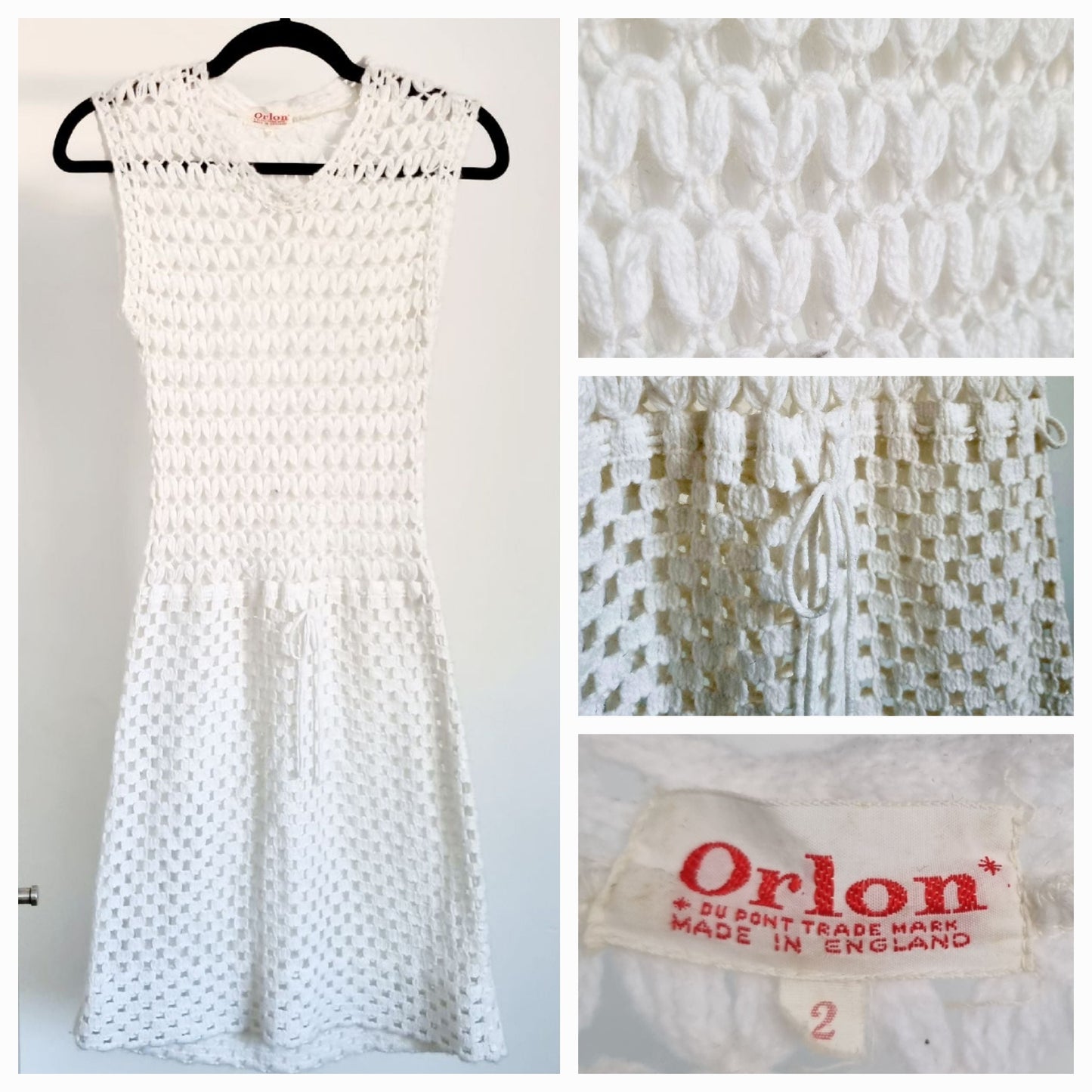 Orlon Sleeveless White Crochet Holiday Dress Tunic with Pull Cord (UK6-8)