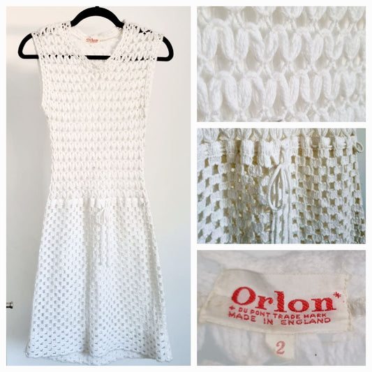 Orlon Sleeveless White Crochet Holiday Dress Tunic with Pull Cord (UK6-8)