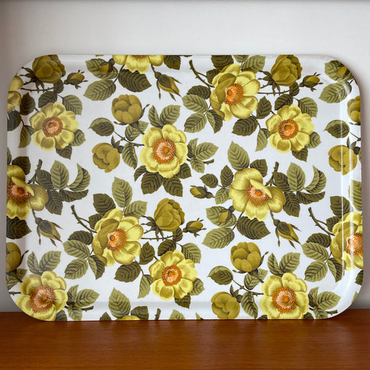 Retro Tray 1960s Yellow Floral Patterned Dog Rose Serving Tray