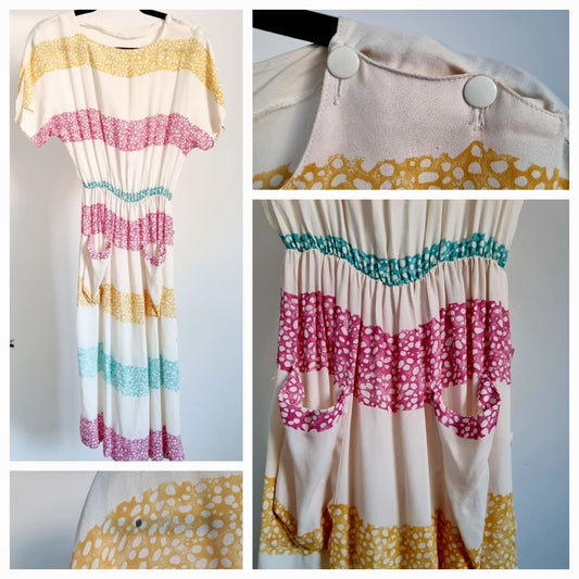 Handmade Mid-size Vintage White, Yellow, Pink & Blue Dot Stripes T-Shirt Dress (UK14-16)