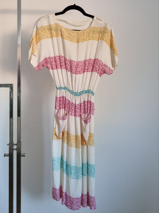 Handmade Midsize Vintage White, Yellow, Pink & Blue Dot Stripes TShirt Dress UK 14 - Vintage Appreciation Society