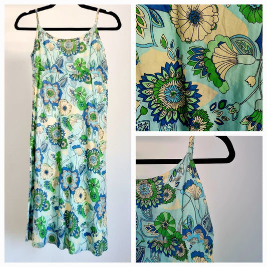 Handmade 60s/70s Blue and Cream Floral Strappy Summer Dress (UK6-8)