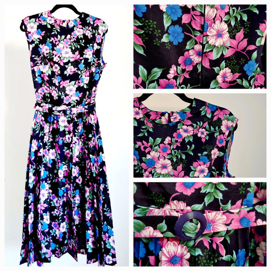 C and A Sleeveless Black Garden Party Floral Pleated Vintage Dress (UK14-16)