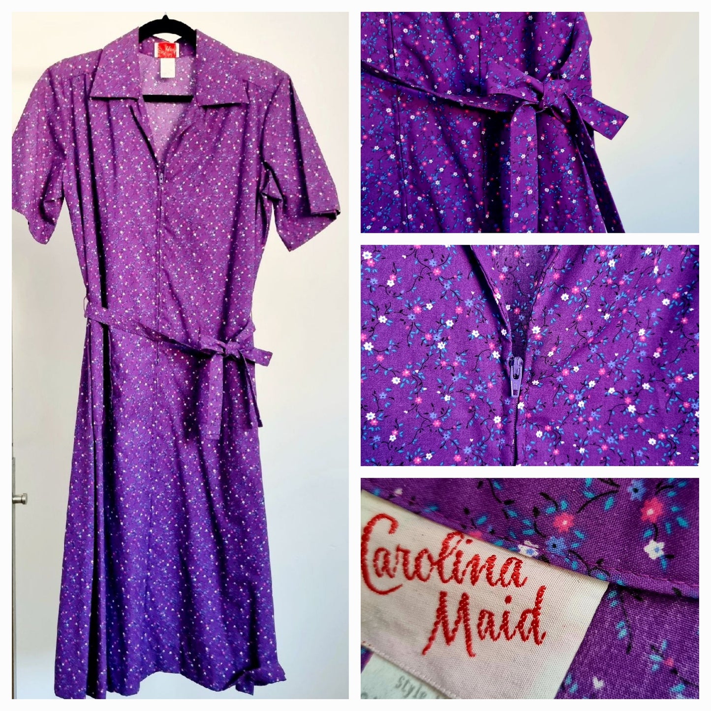 Carolina Maid Vintage Midi Purple Zip Up Shirt Flower Pattern Dress (UK16-18)